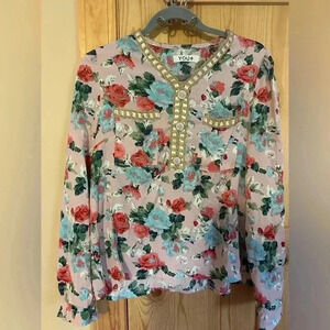 Long Sleeve Lightweight Floral Blouse Decorative Collar‎ Size Large